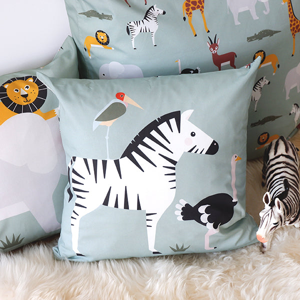 Kussen kinderkamer Zebra WildLife - groen (inclusief binnenkussen)