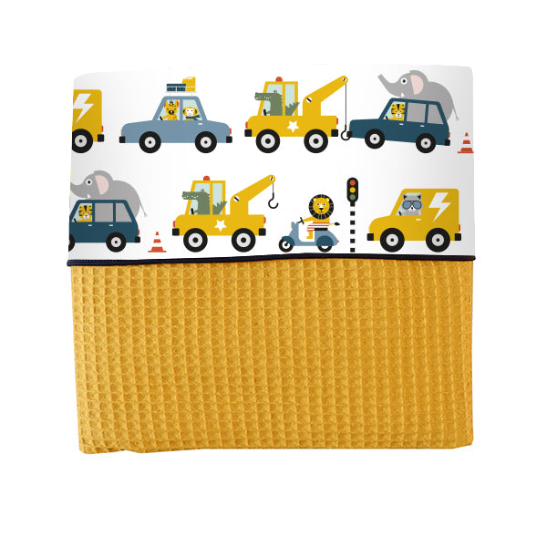 Ledikantdeken Dieren in Voertuigen - wafelstof oker geel SALE