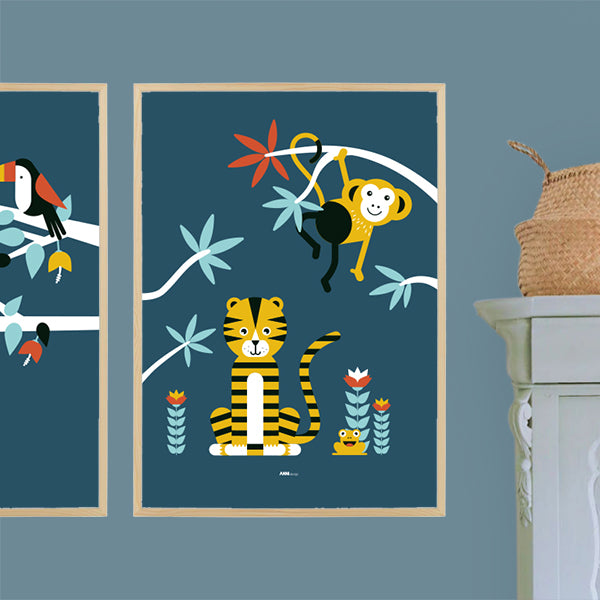 Poster XL Jungle Tijger en Aap kinderkamer - donker blauw