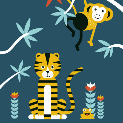 Poster XL Jungle Tijger en Aap kinderkamer - donker blauw