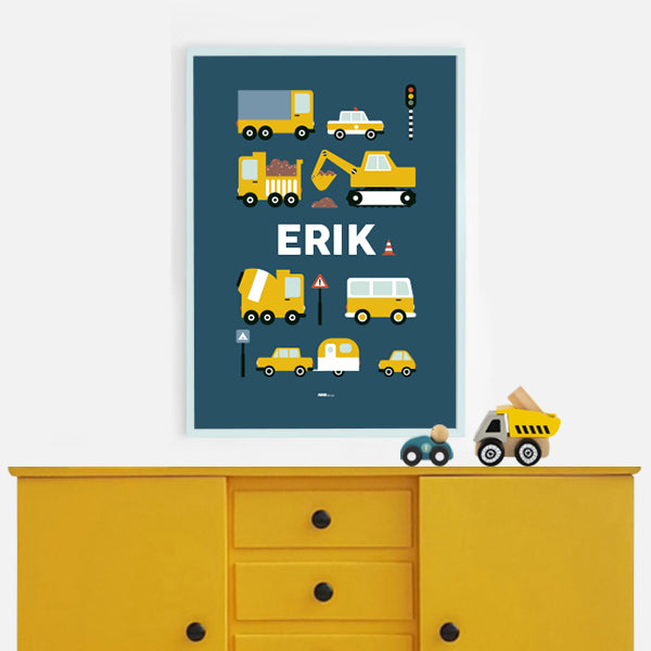 Naamposter XL Voertuigen on the Road met naam kinderkamer - donker blauw