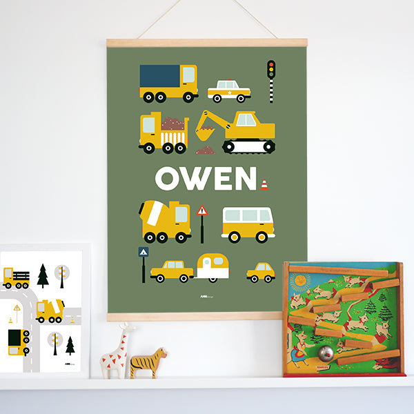 Naamposter XL Voertuigen on the Road met naam kinderkamer - olijf groen