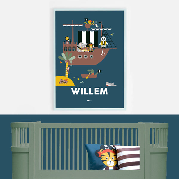 Naamposter XL Piraten op piratenschip met naam kinderkamer - donker blauw