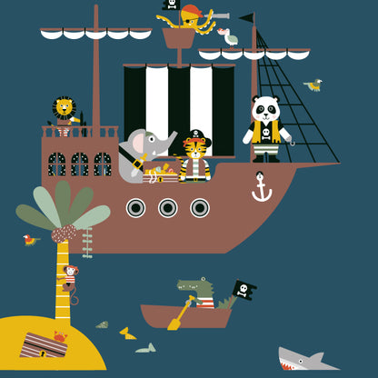 Naamposter XL Piraten op piratenschip met naam kinderkamer - donker blauw