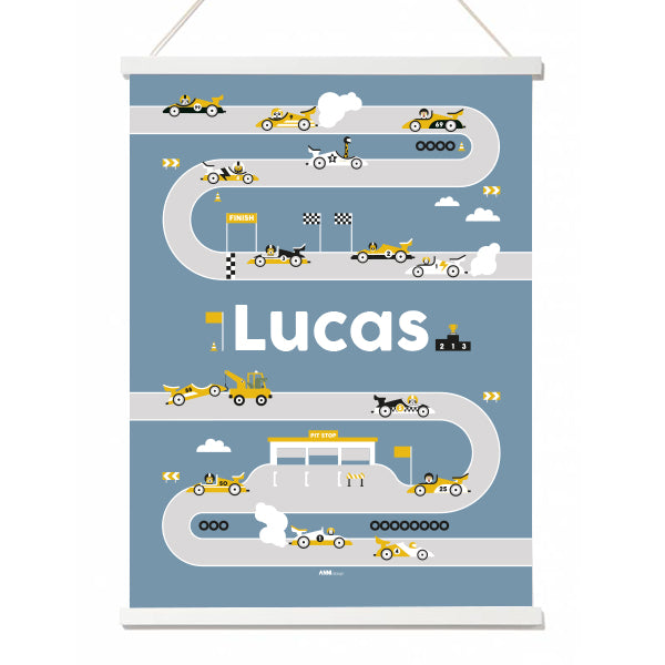 Naamposter XL Raceauto met naam kinderkamer - jeans blauw