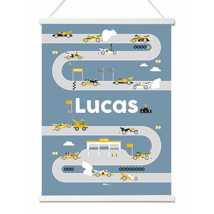 Naamposter XL Raceauto met naam kinderkamer - jeans blauw