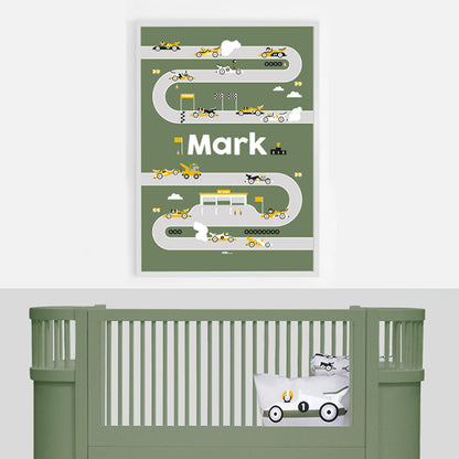 Naamposter XL Raceauto met naam kinderkamer - olijf groen