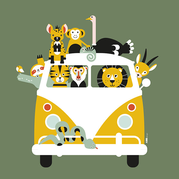 Naamposter XL VW bus Safari jungle dieren - olijf groen