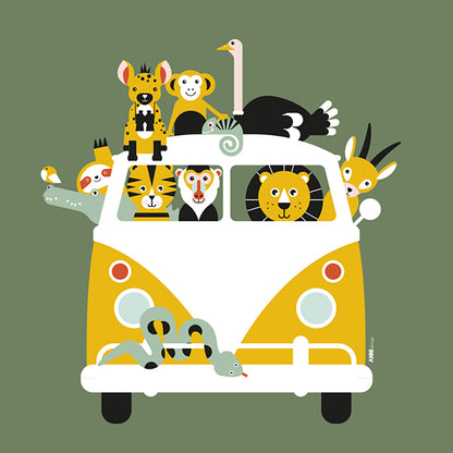 Naamposter XL VW bus Safari jungle dieren - olijf groen