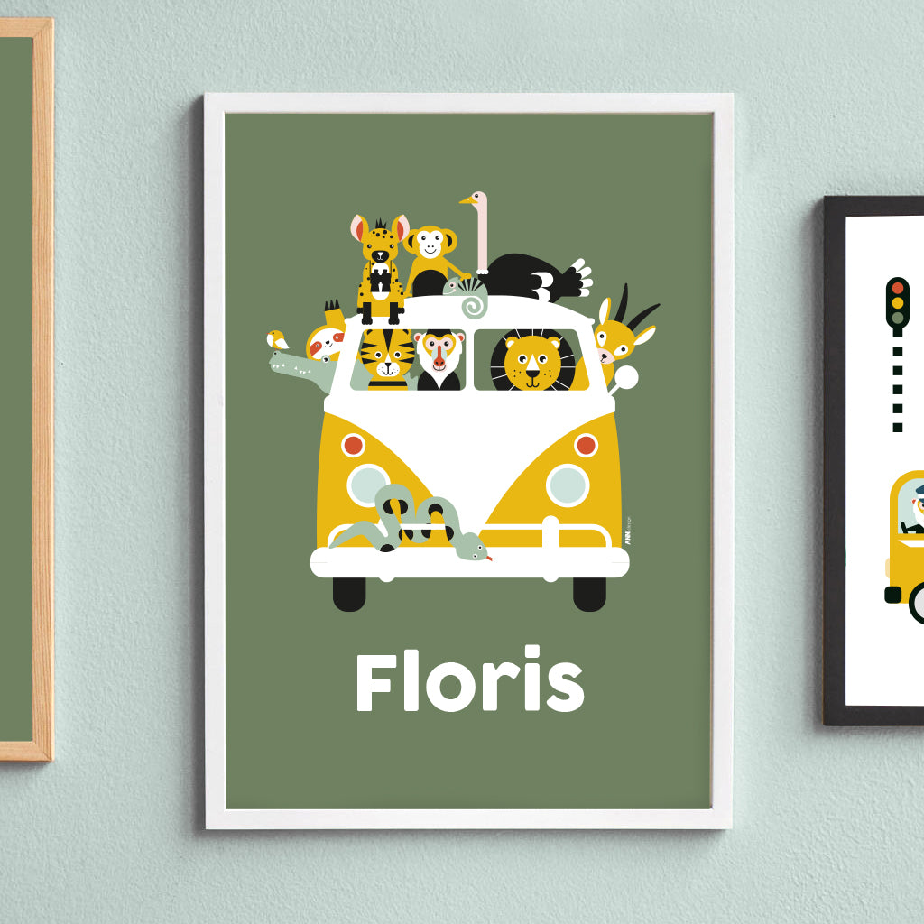 Naamposter XL VW bus Safari jungle dieren - olijf groen