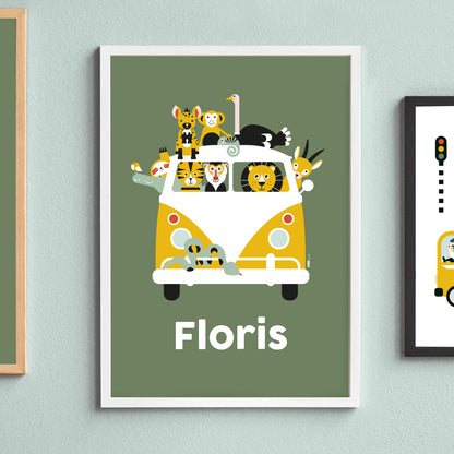 Naamposter XL VW bus Safari jungle dieren - olijf groen