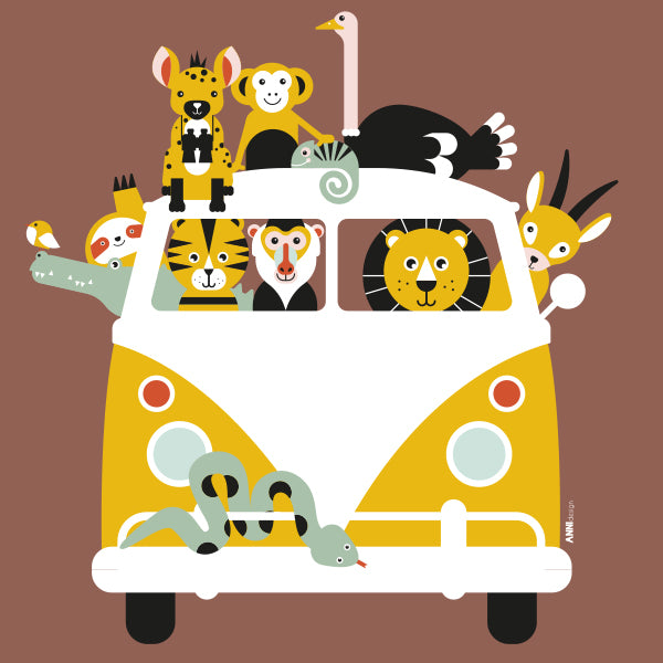 Naamposter XL VW bus Safari jungle dieren - terracotta bruin