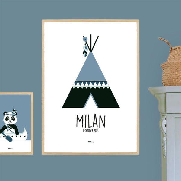 Naamposter XL Tipi indiaan met naam kinderkamer - jeans blauw