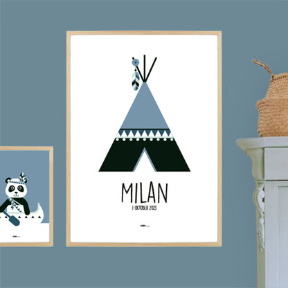 Naamposter XL Tipi indiaan met naam kinderkamer - jeans blauw