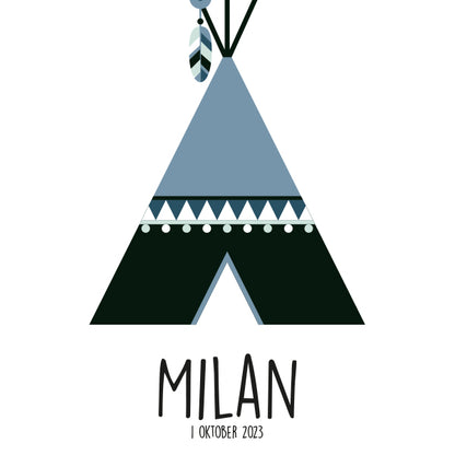 Naamposter XL Tipi indiaan met naam kinderkamer - jeans blauw