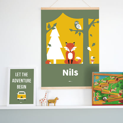 Naamposter XL Vos met naam kinderkamer - oker geel