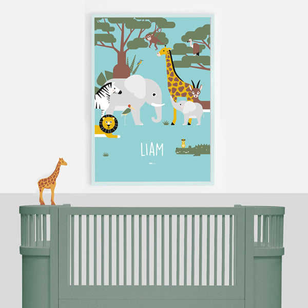 Naamposter XL WildLife met naam kinderkamer - blauw