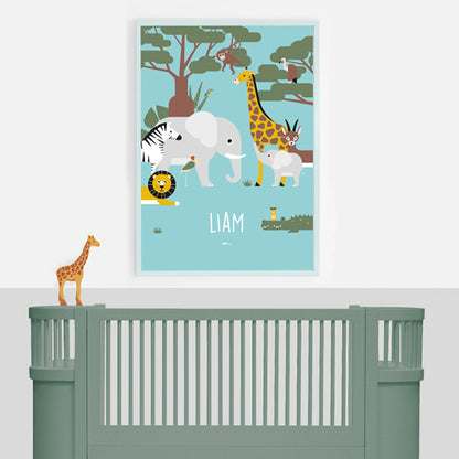 Naamposter XL WildLife met naam kinderkamer - blauw