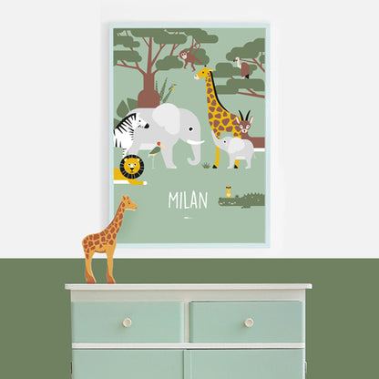 Naamposter XL WildLife met naam kinderkamer - bleek groen
