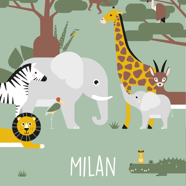 Naamposter XL WildLife met naam kinderkamer - bleek groen