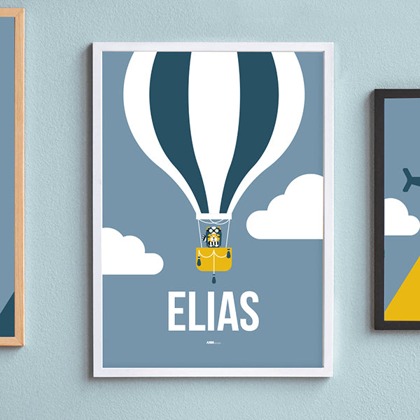 Naamposter XL Luchtballon met naam kinderkamer - jeans blauw