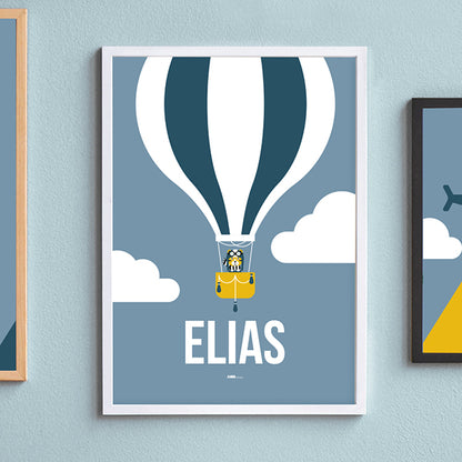 Naamposter XL Luchtballon met naam kinderkamer - jeans blauw