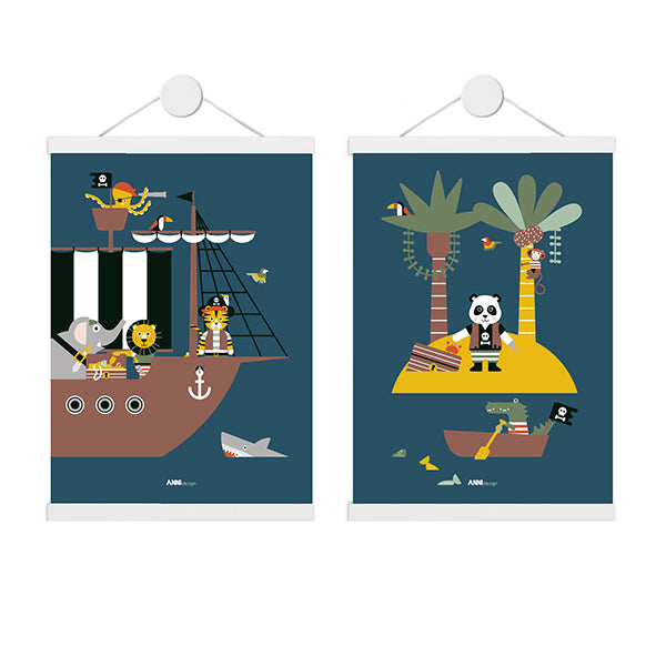 Poster set Kinderkamer Piraat met Piratenschip en Schateiland - blauw