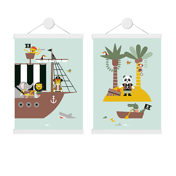 Poster set Kinderkamer Piraat met Piratenschip en Schateiland - mint