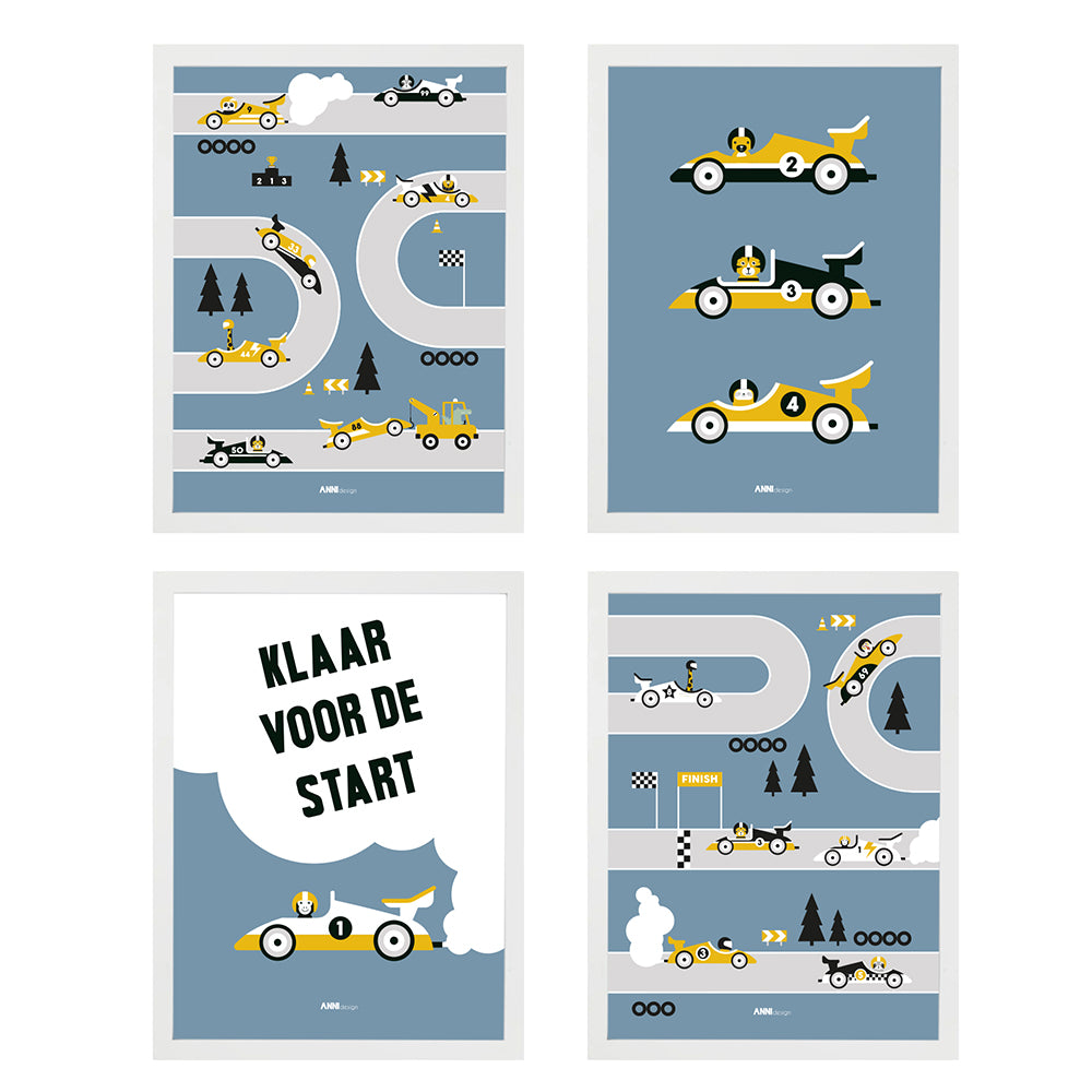 Poster set Kinderkamer Formule 1 Raceauto - blauw