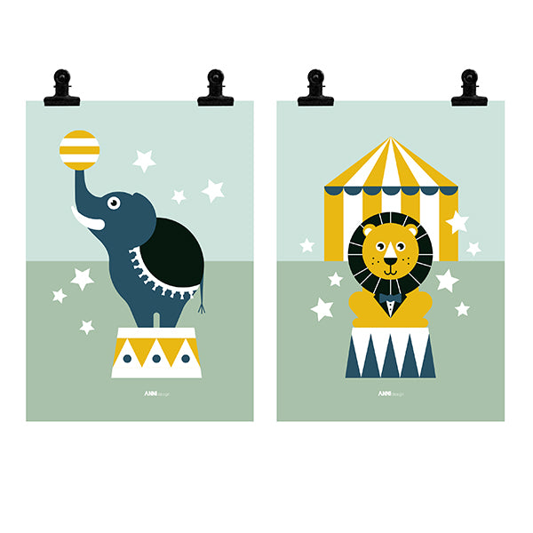 Poster set Kinderkamer Circus Leeuw en Olifant - groen
