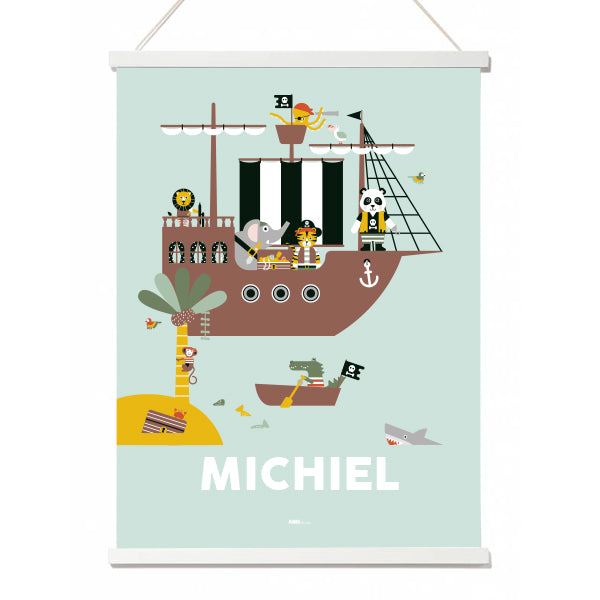 Naamposter XL Piraten op piratenschip met naam kinderkamer - mint