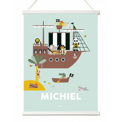 Naamposter XL Piraten op piratenschip met naam kinderkamer - mint