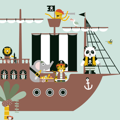Naamposter XL Piraten op piratenschip met naam kinderkamer - mint