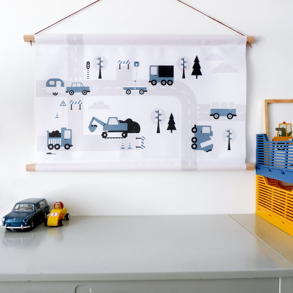Textielposter 60x40 kinderkamer Voertuigen - jeans blauw