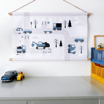Textielposter 60x40 kinderkamer Voertuigen - jeans blauw