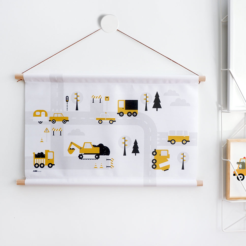 Textielposter 60x40 kinderkamer Voertuigen - oker geel