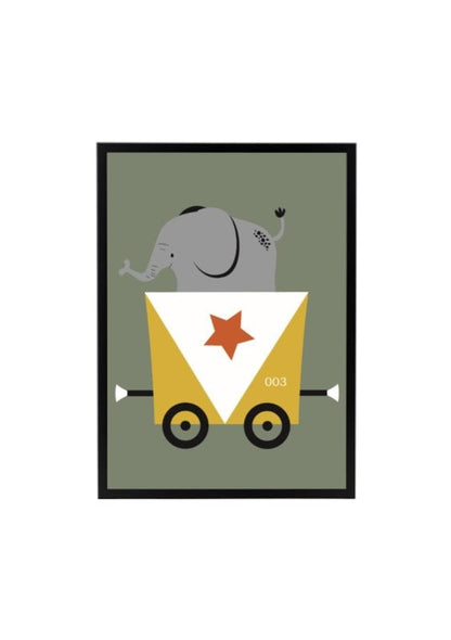 Poster trein wagon met olifant - olijfgroen