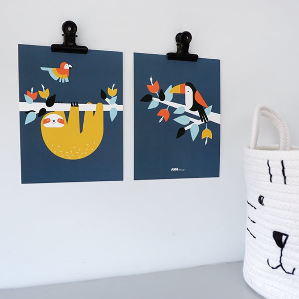 Posterset jungle kamer toekan + luiaard - donkerblauw