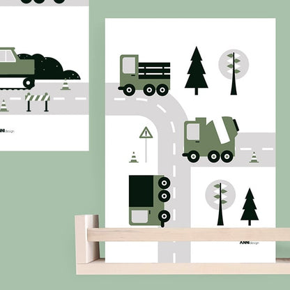 Poster set voertuigen kinderkamer - 4 luik olijfgroen