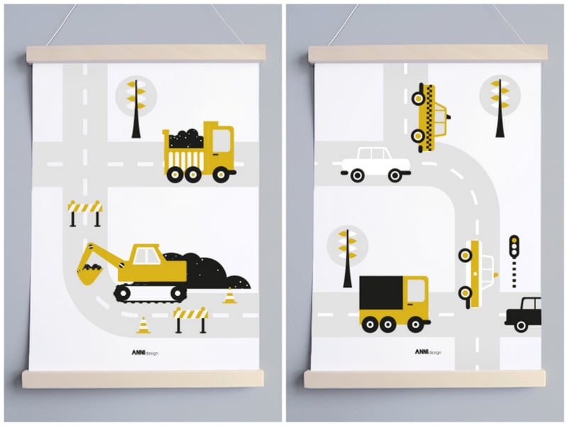 Poster voertuigen graafmachine kinderkamer - oker geel