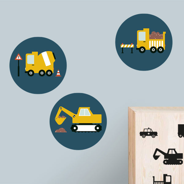 Muurcirkel set bouw voertuigen kinderkamer (donkerblauw)