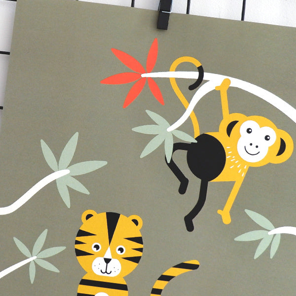 Posterset jungle kinderkamer - tijger + toekan olijfgroen