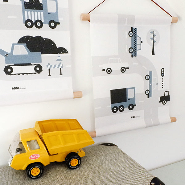 Textielposter auto voertuigen kinderkamer - jeans blauw