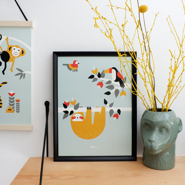 Poster jungle kinderkamer luiaard + toekan - mint