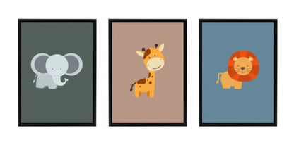 Posterset kinderkamer dieren - olifant giraffe leeuw