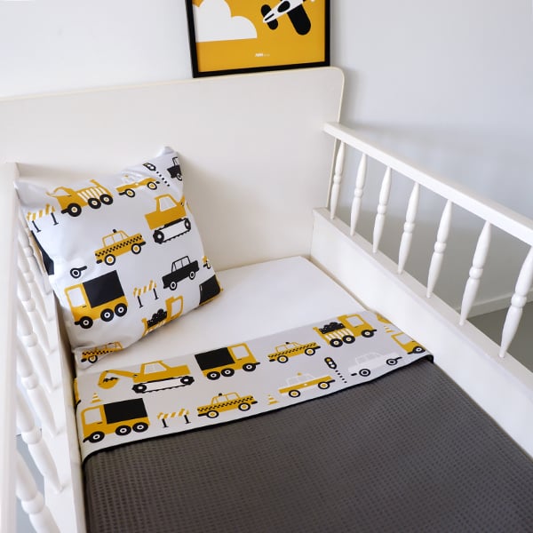 Ledikantdeken voertuigen oker geel - wafelstof donkergrijs