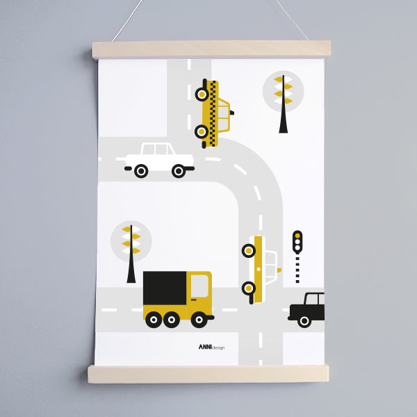 Poster auto voertuigen kinderkamer - oker geel