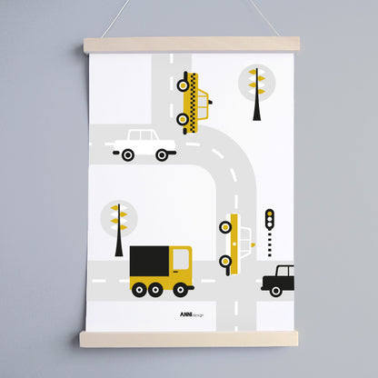 Poster set voertuigen kinderkamer - oker geel