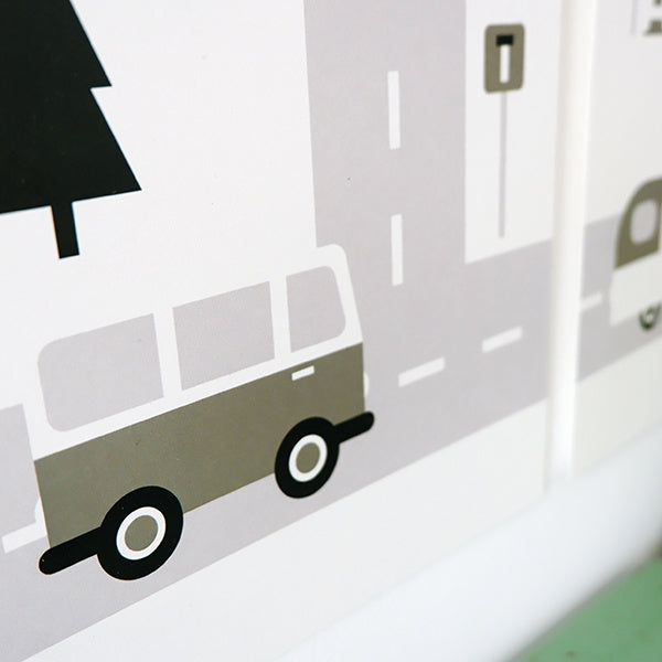 Posterset kinderkamer Caravan voertuigen - olijfgroen 15x20 cm