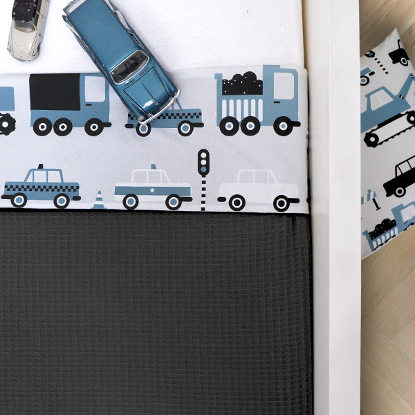 Ledikantdeken voertuigen jeansblauw - wafelstof donkergrijs